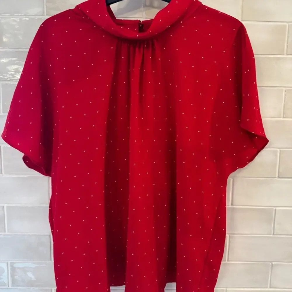 Vince Camuto Red Polka Dot Mock Neck Blouse | Women's Size Petite Large - Picture 1 of 5